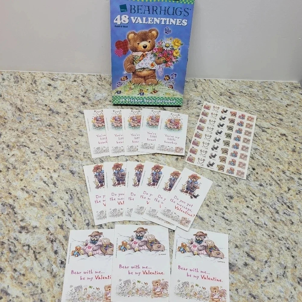 Vintage Bear Hugs 48 Fold & Seal Valentine's Day Cards Complete w/ Sticker Seals - Picture 2 of 8